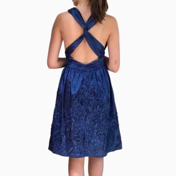 Adrianna Papell Rosette Taffeta Short Halter Dress Iridescent Blue - Size 4 - Picture 2 of 7